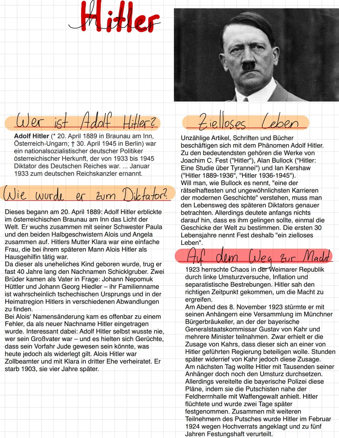 Hitler
Wer ist Adolf Hitler? Zielloses Leben
Adolf Hitler (* 20. April 1889 in Braunau am Inn,
Österreich-Ungarn; † 30. April 1945 in Berlin