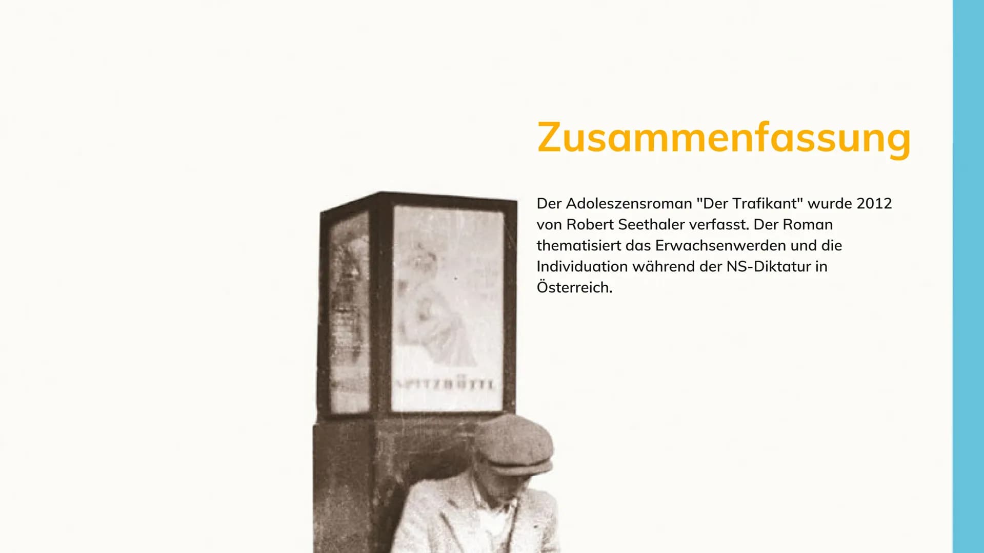 
<h2 id="zusammenfassung">Zusammenfassung</h2>
<p>Der Roman "Der Trafikant" von Robert Seethaler behandelt das Thema des Erwachsenwerdens un