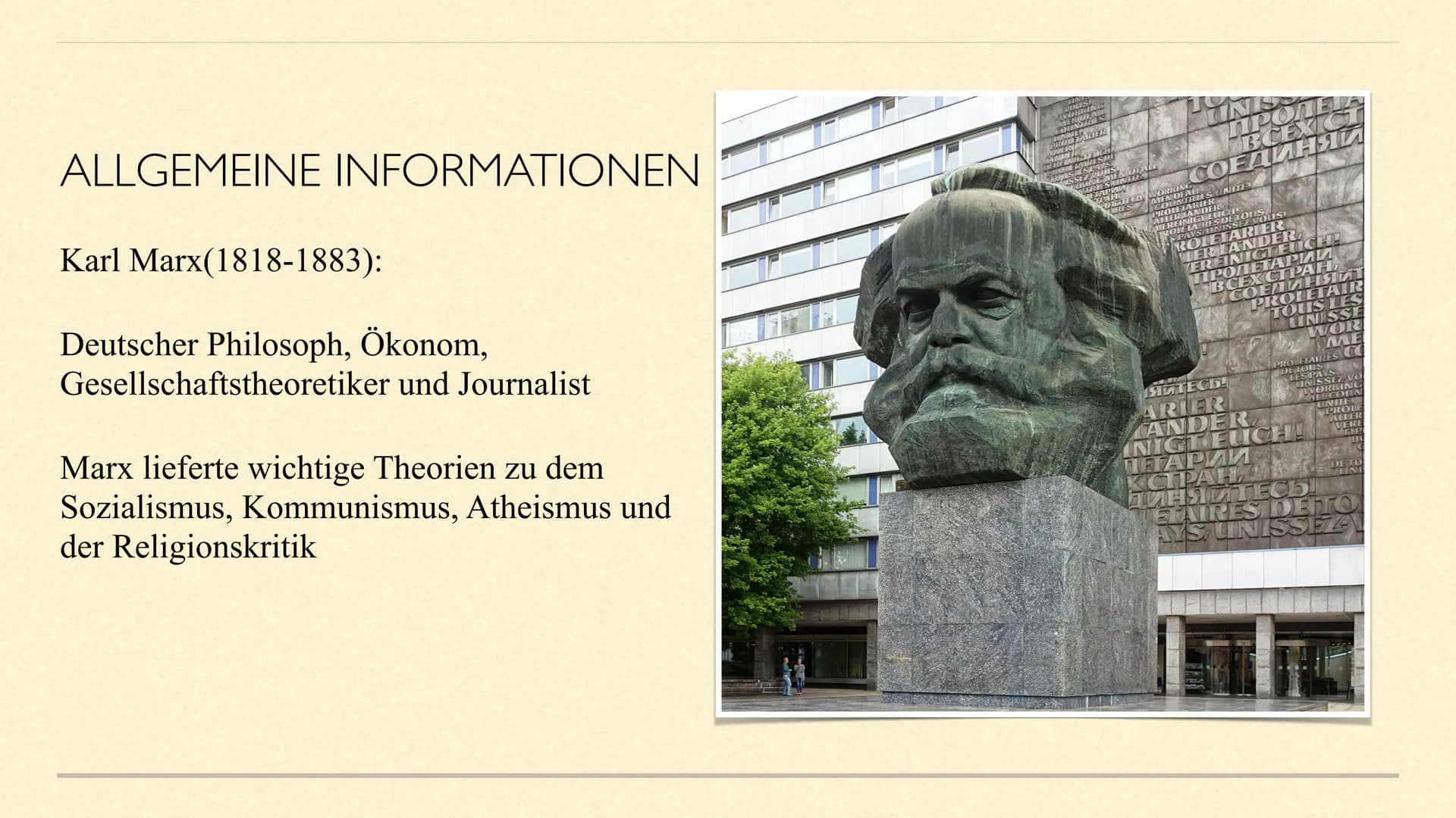 KARL MARX
Eine Präsentation von Maxima Linde INHALTSVERZEICHNIS
1. Allgemeine Informationen
1.1 Biografie
2. Historischer Hintergrund
3. Mar