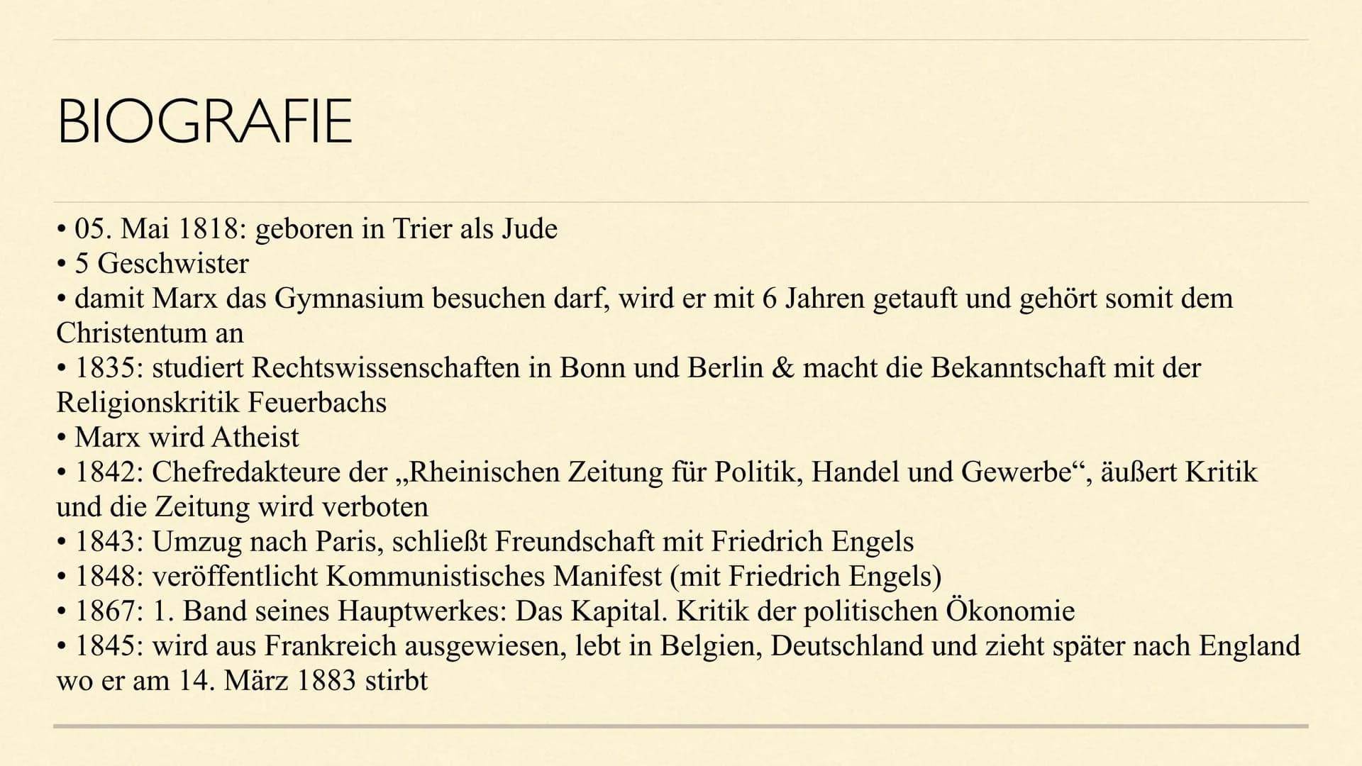 KARL MARX
Eine Präsentation von Maxima Linde INHALTSVERZEICHNIS
1. Allgemeine Informationen
1.1 Biografie
2. Historischer Hintergrund
3. Mar