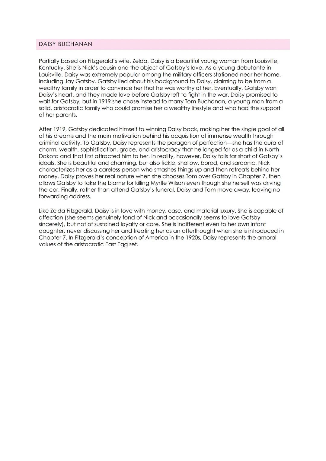 CHARACTERIZATION
NICK CARRAWAY
Represents one of Fitzgerald's personality: quiet, reflective
Lives in West Egg, is 29-30 years old
Daisy is 