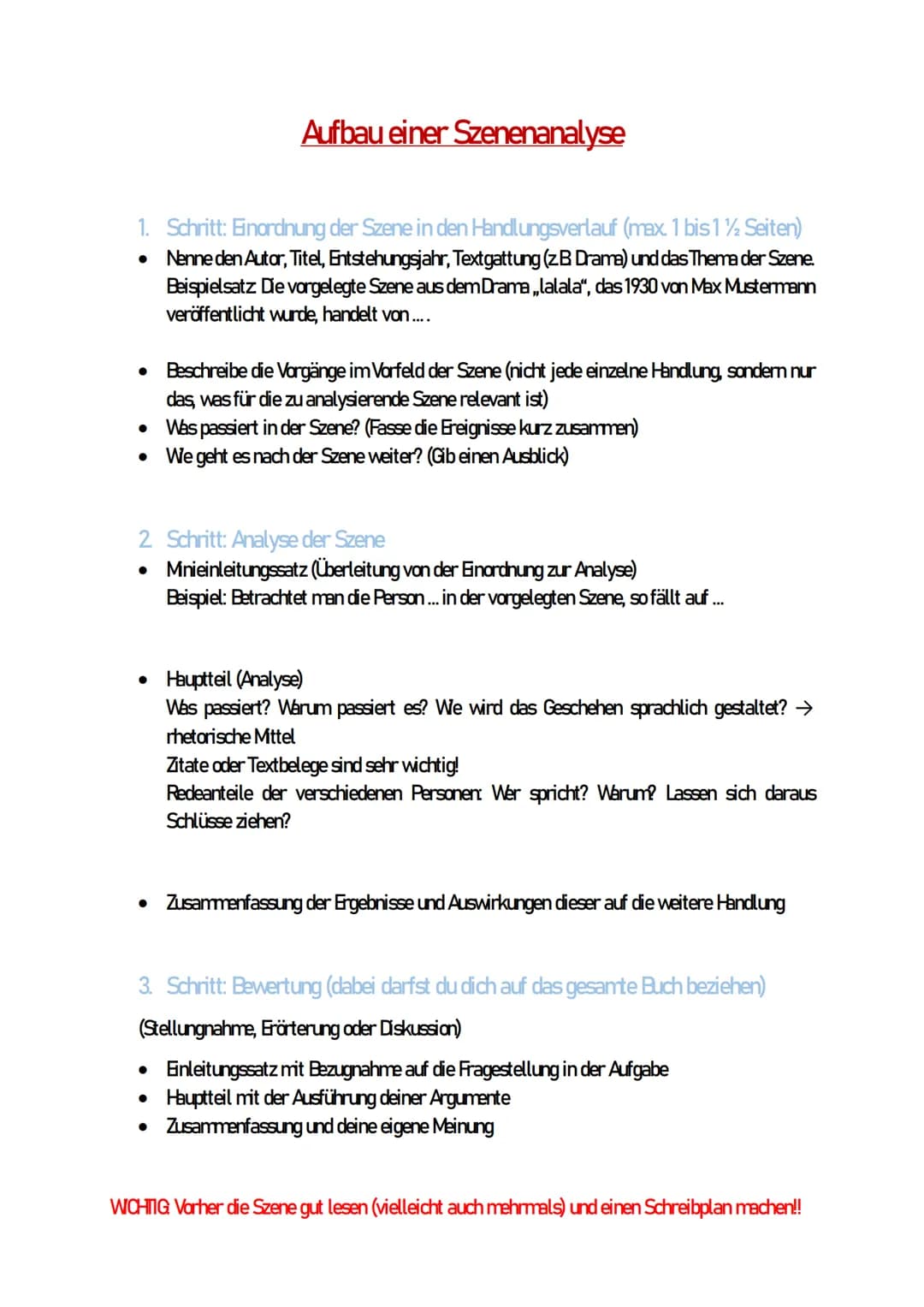 1. Schritt: Einordnung der Szene in den Handlungsverlauf (max. 1 bis 1/2 Seiten)
Nenne den Autor, Titel, Entstehungsjahr, Textgattung (zB Dr