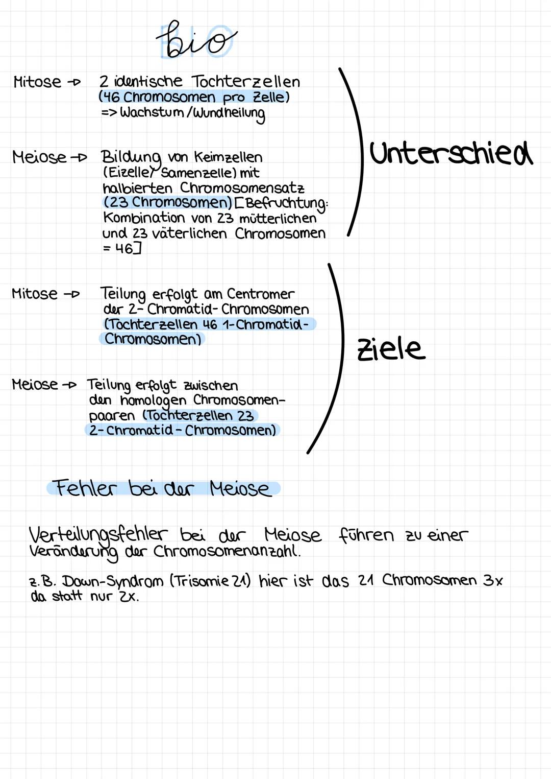 Mitose →
bio
2 identische Tochterzellen
(46 Chromosomen pro Zelle)
=> Wachstum/Wundheilung
Meiose → Bildung von Keimzellen
(Eizelle Samenzel
