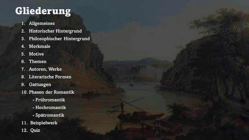 Die Literatur der
Romantik
18. 19. JAHRHUNDERT Gliederung
1. Allgemeines
2. Historischer Hintergrund
3. Philosophischer Hintergrund
4. Merkm