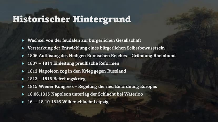 Die Literatur der
Romantik
18. 19. JAHRHUNDERT Gliederung
1. Allgemeines
2. Historischer Hintergrund
3. Philosophischer Hintergrund
4. Merkm