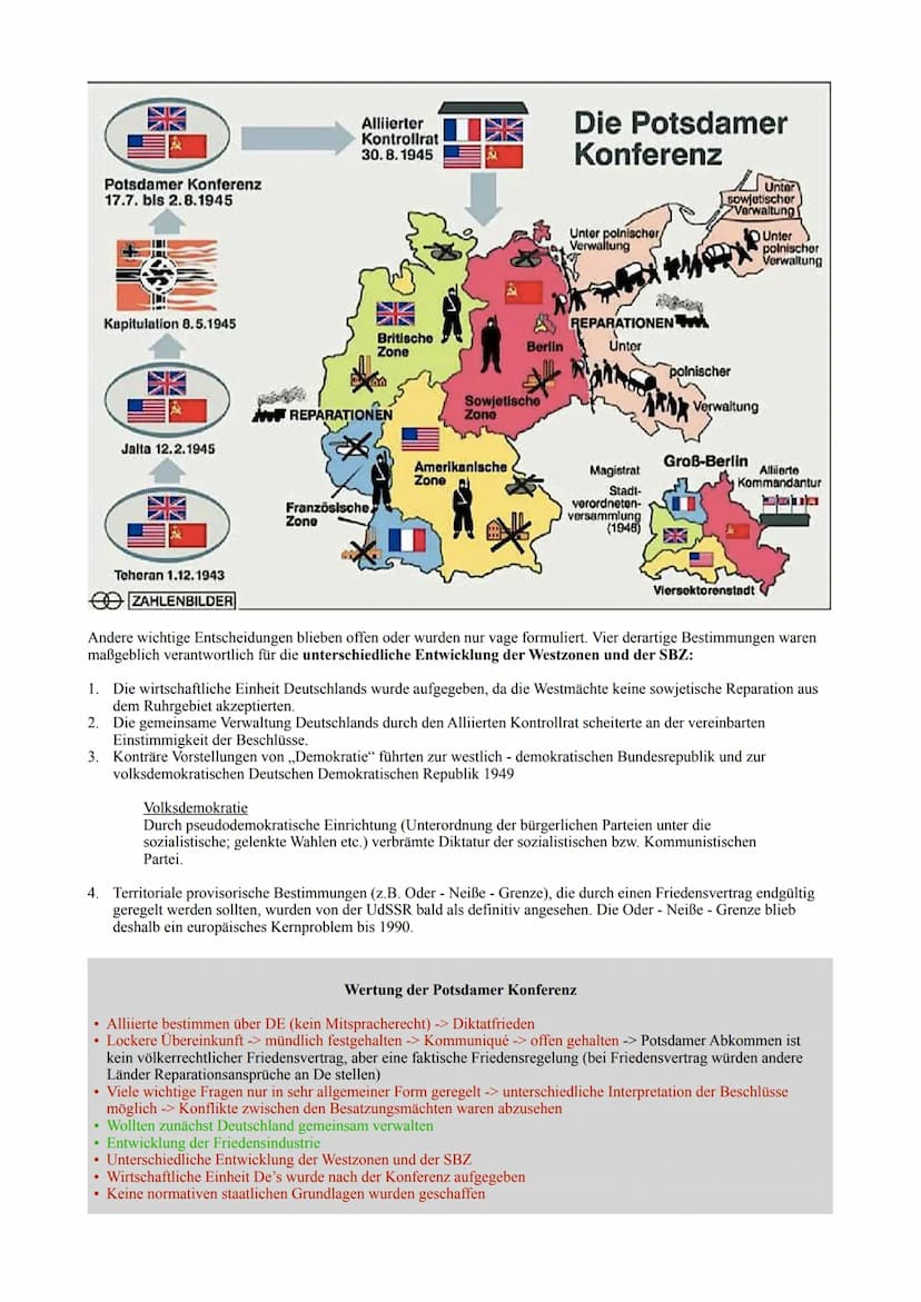 Das Potsdamer Abkommen
Staatschefs der Siegermächte (Roosevelt/Truman, Stalin, Churchill/Attlee) = Gipfeltreffen der ,,Großen 3", legten die
