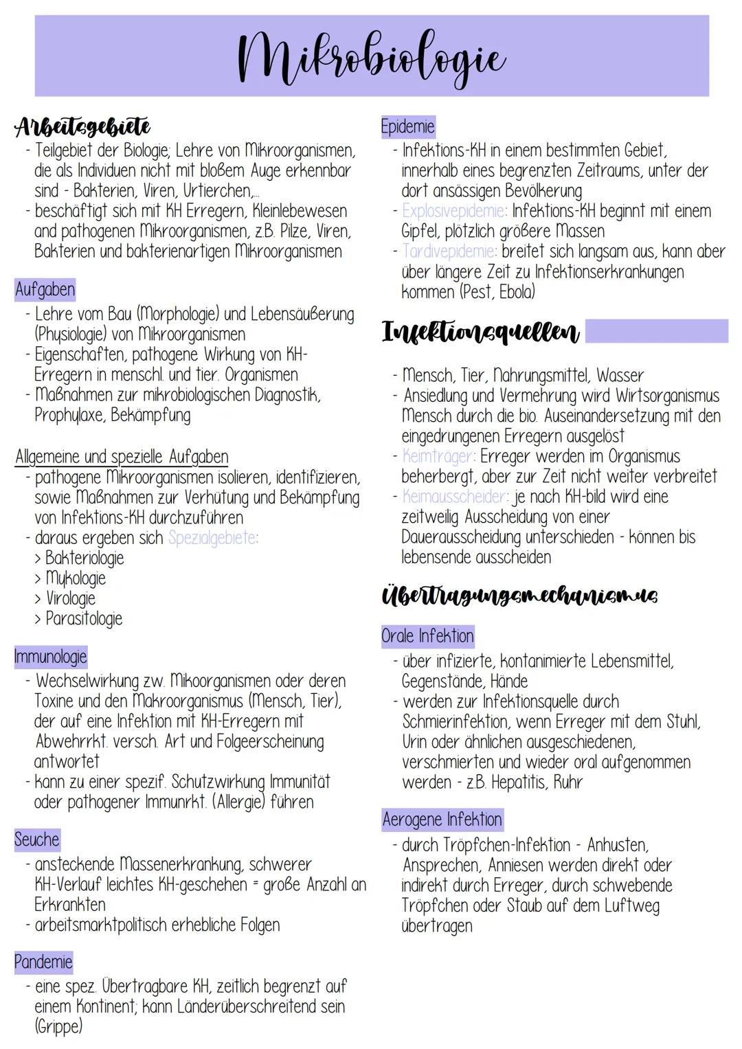 # Mikrobiologie

**Arbeitsgebiete**

- Teilgebiet der Biologie, Lehre von Mikroorganismen,
die als Individuen nicht mit bloßem Auge erkennba