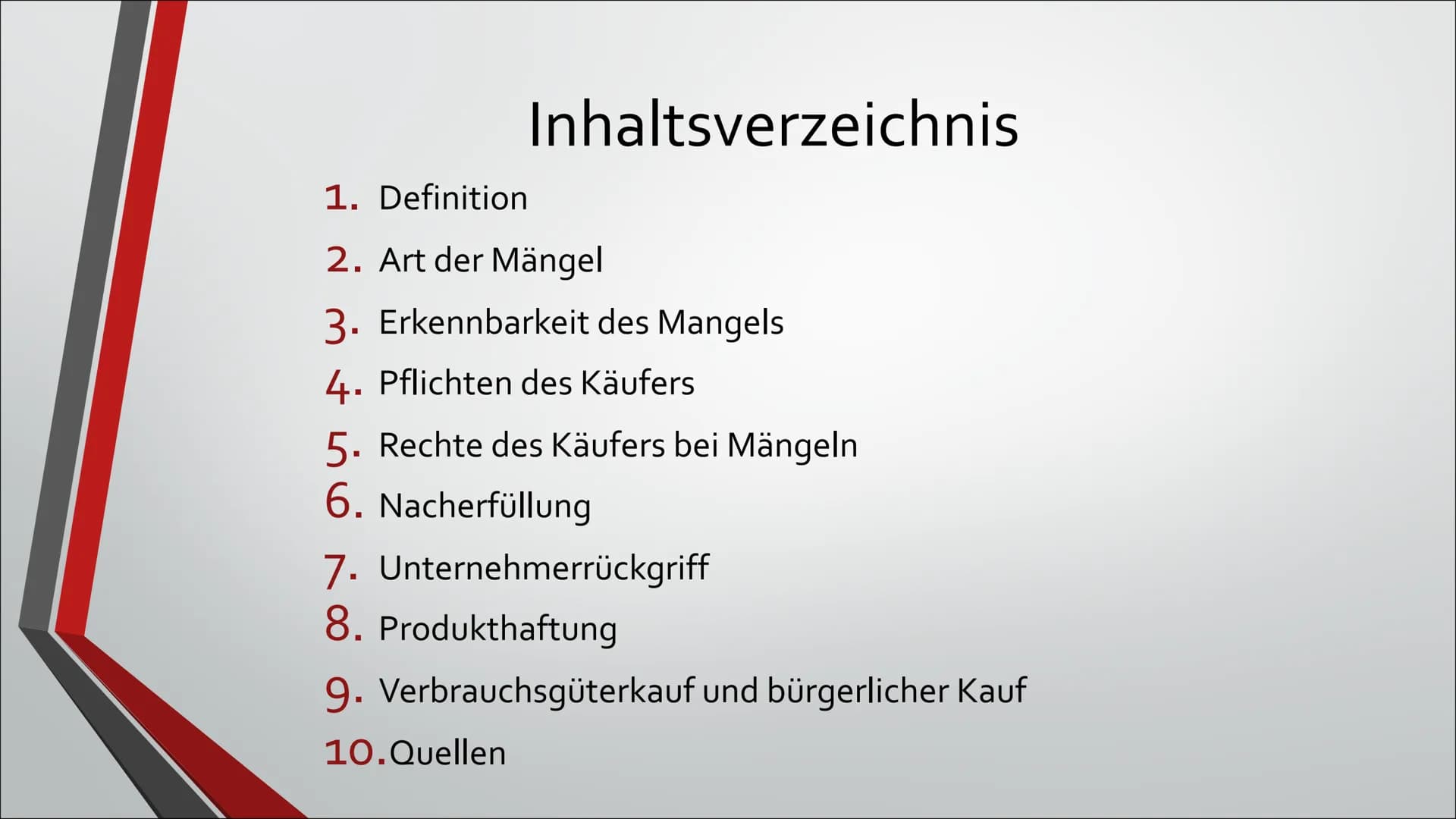 22.11.2019
Von x
Mangelhafte
Lieferung Inhaltsverzeichnis
1. Definition
2. Art der Mängel
3. Erkennbarkeit des Mangels
4. Pflichten des Käuf