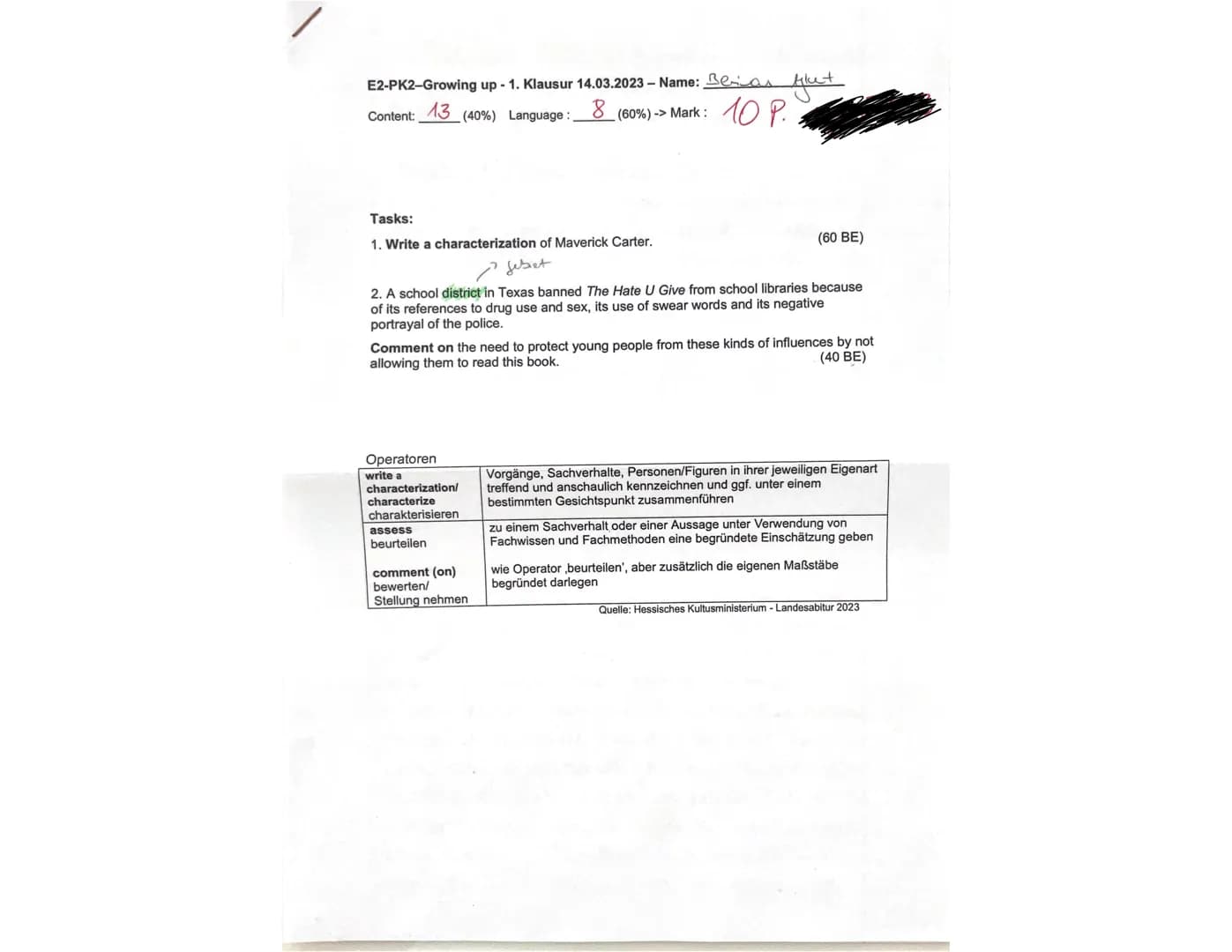 E2-PK2-Growing up - 1. Klausur 14.03.2023 - Name: Bea Akut
fiku
10 P.
13
8
(60%) -> Mark:
Content:
Tasks:
1. Write a characterization of Mav