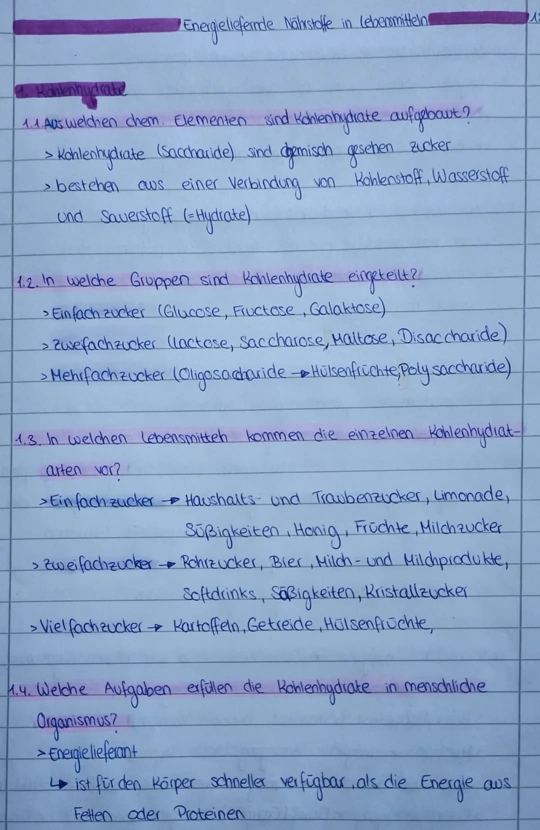 Energieliefernde Nährstoffe in Lebensmitteln
1. Rahlenhydrate
1.1. Aus welchen chem. Elementen sind Kohlenhydrate aufgebaut?
· Kohlenhydrate