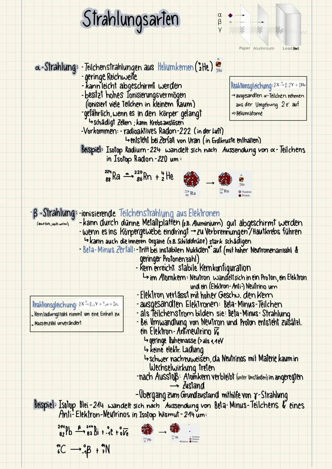 Strahlungsarten
a-Strahlung: -Teilchenstrahlungen aus Heliumkemen (He)
geringe Reichweite
-kann leicht abgeschirmt werden
-besitzt hohes Ion