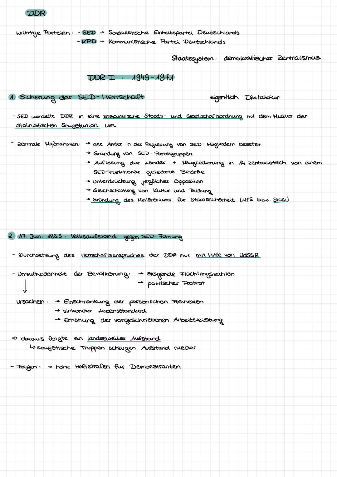 DDR

wichtige Parteien:
- SED → Sozialistische Einheitspartei Deutschlands
- KPD → Kommunistische Partei Deutschlands

Staatssystem: demokra