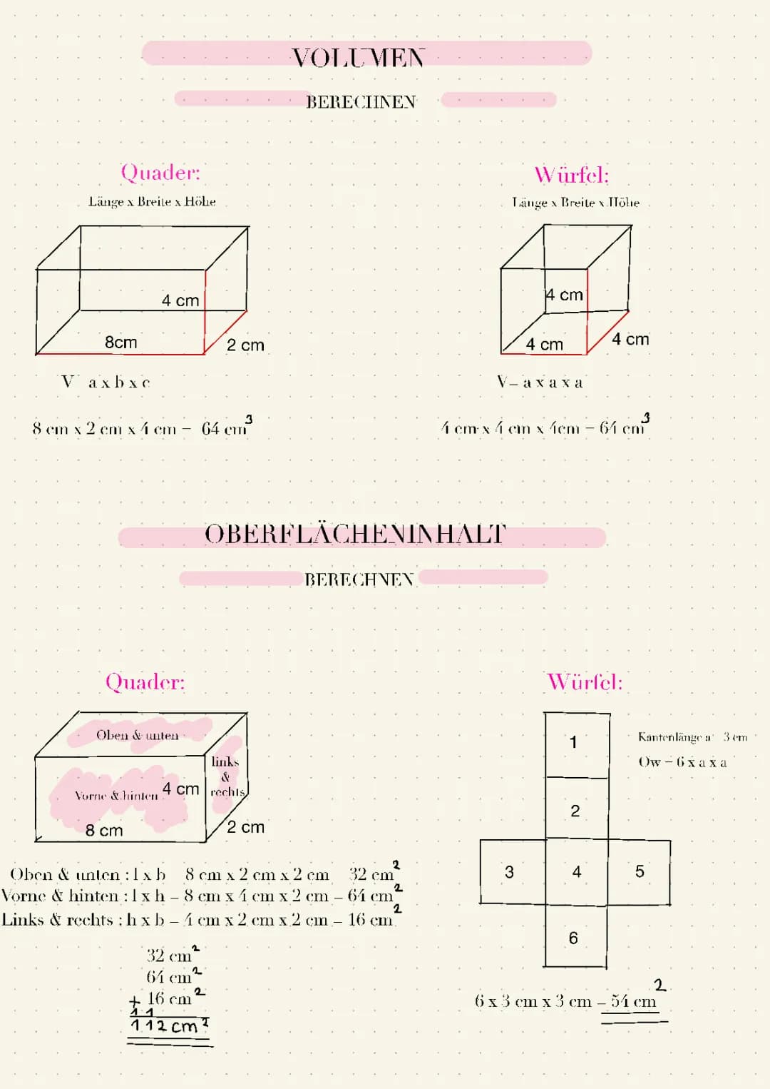 Oberflächeninhalt und Volumen eines Quaders und Würfels