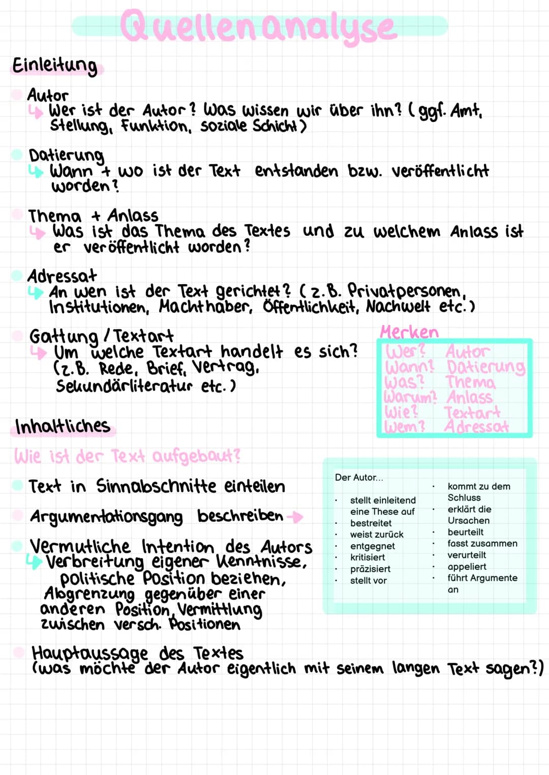 Quellen analyse
Einleitung
Autor
Wer ist der Autor? Was wissen wir über ihn? (ggf. Amt,
Stellung, Funktion, soziale Schicht)
Datierung
Wann 