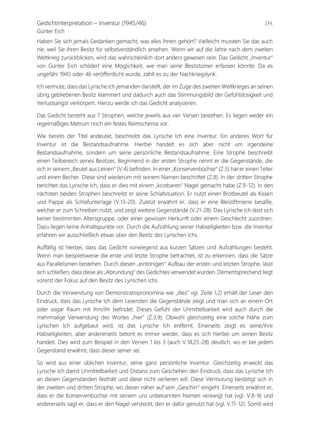 Gedichtinterpretation - Inventur (1945/46)
Günter Eich
J.H.
Haben Sie sich jemals Gedanken gemacht, was alles Ihnen gehört? Vielleicht musst
