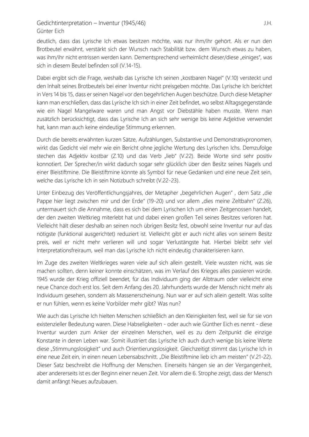 Gedichtinterpretation - Inventur (1945/46)
Günter Eich
J.H.
Haben Sie sich jemals Gedanken gemacht, was alles Ihnen gehört? Vielleicht musst