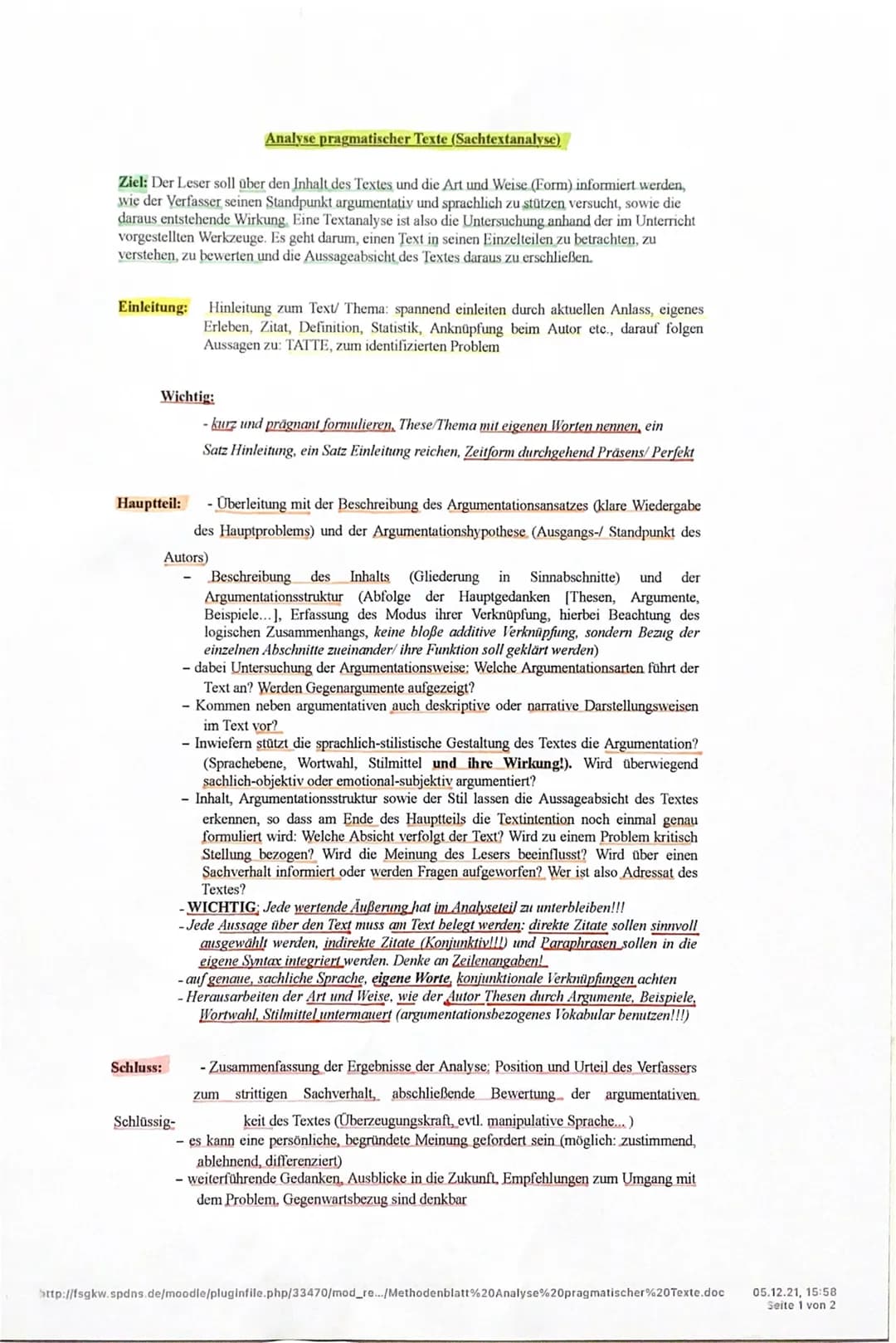 Ziel: Der Leser soll über den Inhalt des Textes und die Art und Weise (Form) informiert werden,
wie der Verfasser seinen Standpunkt argument
