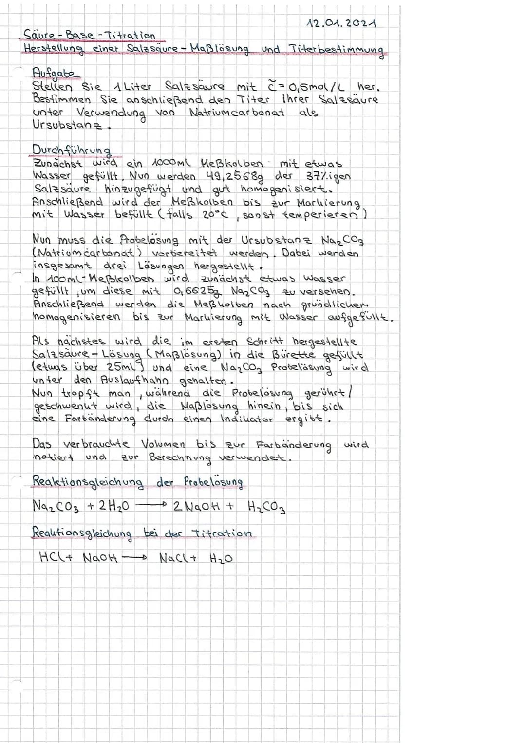 Saure-Base-Titration
Herstellung einer Salzsäure - Maßlösung und Titer bestimmung
Aufgabe
Stellen Sie 1Liter Salzsäure mit c = 0,5 mol/L her