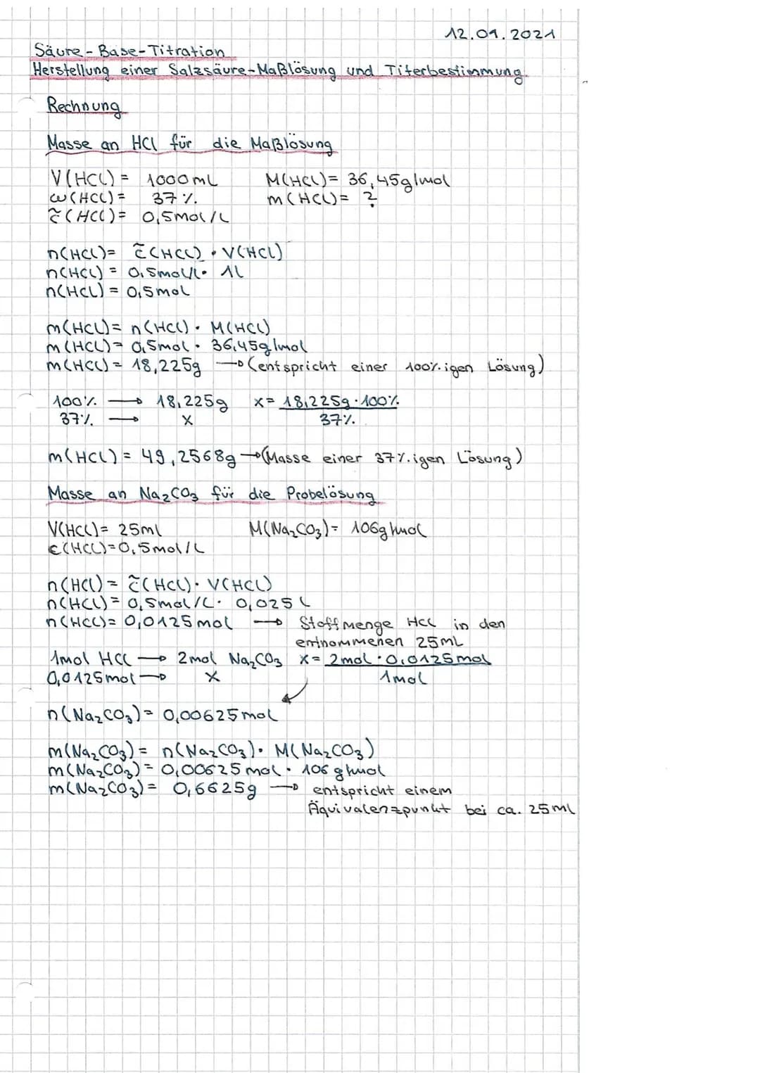 Saure-Base-Titration
Herstellung einer Salzsäure - Maßlösung und Titer bestimmung
Aufgabe
Stellen Sie 1Liter Salzsäure mit c = 0,5 mol/L her