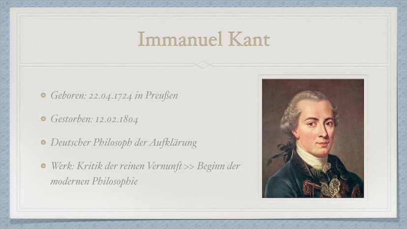 Der kategorische Imperativ
von Immanuel Kant Immanuel Kant
* Geboren: 22.04.1724 in Preußen
Gestorben: 12.02.1804
Deutscher Philosoph der Au