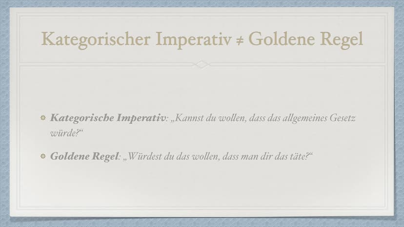 Der kategorische Imperativ
von Immanuel Kant Immanuel Kant
* Geboren: 22.04.1724 in Preußen
Gestorben: 12.02.1804
Deutscher Philosoph der Au