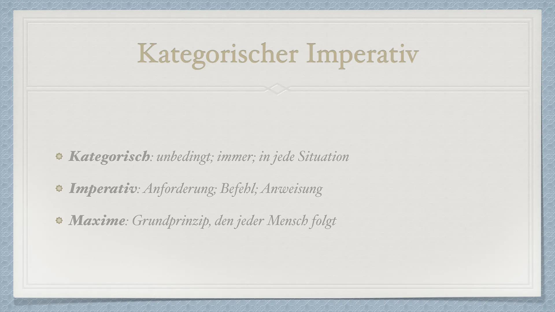 Der kategorische Imperativ
von Immanuel Kant Immanuel Kant
* Geboren: 22.04.1724 in Preußen
Gestorben: 12.02.1804
Deutscher Philosoph der Au