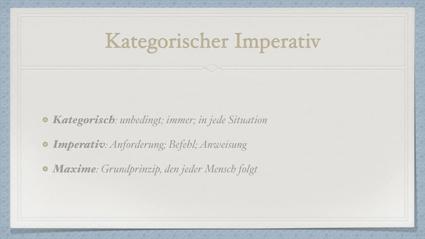 Der kategorische Imperativ
von Immanuel Kant Immanuel Kant
* Geboren: 22.04.1724 in Preußen
Gestorben: 12.02.1804
Deutscher Philosoph der Au
