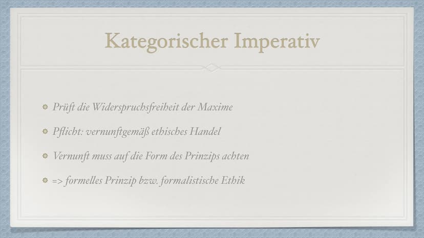 Der kategorische Imperativ
von Immanuel Kant Immanuel Kant
* Geboren: 22.04.1724 in Preußen
Gestorben: 12.02.1804
Deutscher Philosoph der Au