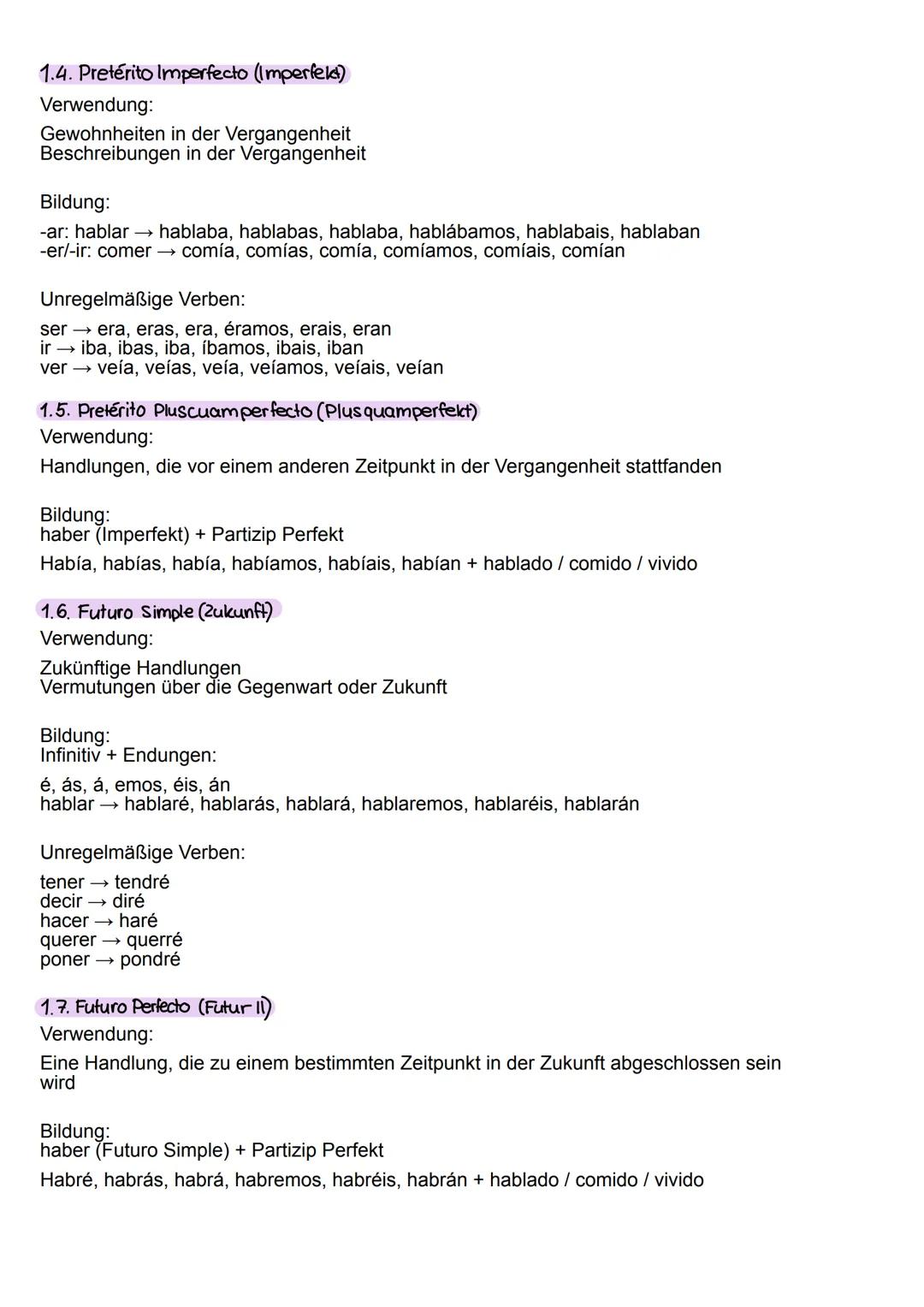 # Spanische Zeitformen

# 1.1. Presente (Präsens)
Verwendung:
Handlungen in der Gegenwart
Allgemeingültige Aussagen
Zukünftige Handlungen (m