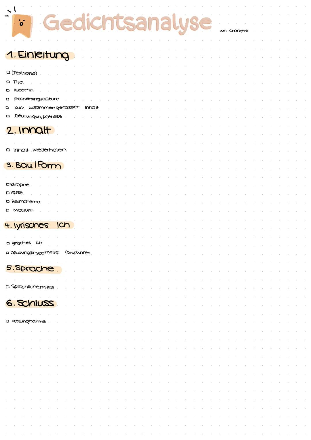 # Gedichtsanalyse

 von onanotte

1. Einleitung

(Textsorte)

Titel

Autor in

Erscheinungsdatum

kurz zusammengefasster Inhalt.

Deutungshy