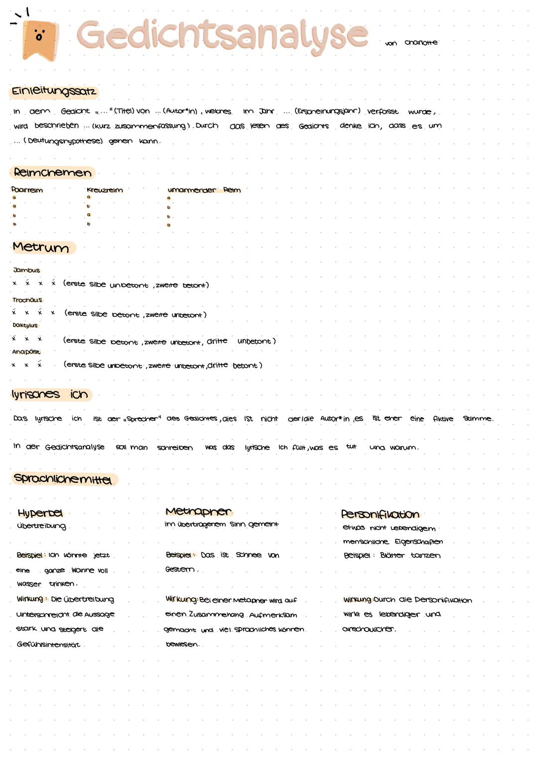 # Gedichtsanalyse

 von onanotte

1. Einleitung

(Textsorte)

Titel

Autor in

Erscheinungsdatum

kurz zusammengefasster Inhalt.

Deutungshy