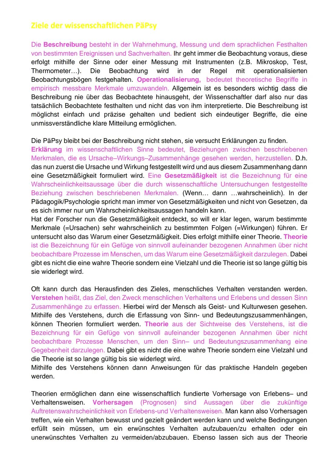 Ziele der wissenschaftlichen Päpsy
Die Beschreibung besteht in der Wahrnehmung, Messung und dem sprachlichen Festhalten
von bestimmten Ereig
