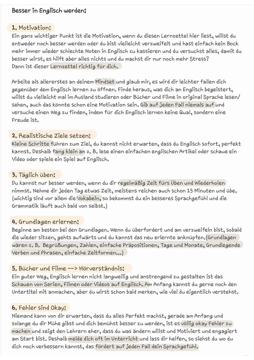 Besser in Englisch werden:
1. Motivation:
Ein ganz wichtiger Punkt ist die Motivation, wenn du diesen Lernzettel hier liest, willst du
entwe