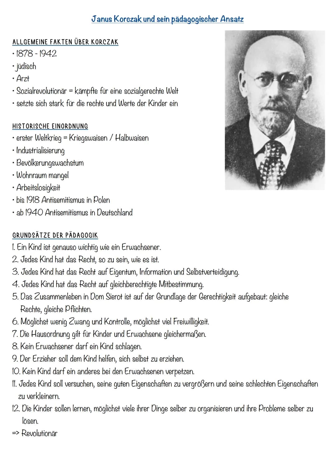 ALLGEMEINE FAKTEN ÜBER KORCZAK
• 1878-1942
• jüdisch
• Arzt
• Sozialrevolutionär = kämpfte für eine sozialgerechte Welt
setzte sich stark fü