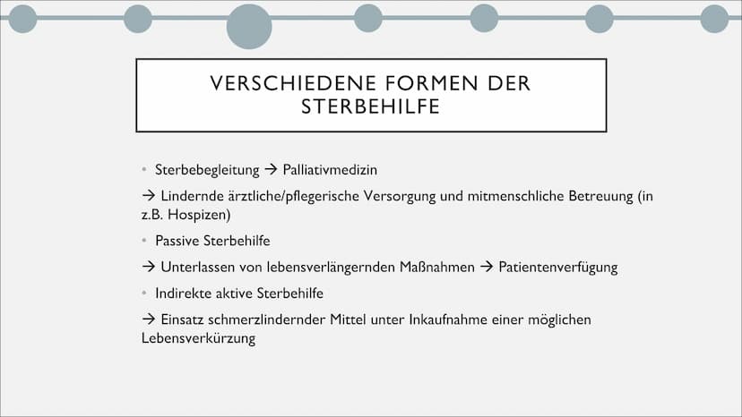 STERBEHILFE
Selbstbestimmung am Lebensende ●
●
●
●
●
●
GLIEDERUNG
Was ist Sterbehilfe?
Verschiedenen Formen der Sterbehilfe
Rechtslage in De