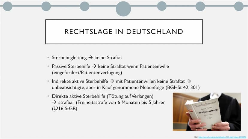 STERBEHILFE
Selbstbestimmung am Lebensende ●
●
●
●
●
●
GLIEDERUNG
Was ist Sterbehilfe?
Verschiedenen Formen der Sterbehilfe
Rechtslage in De