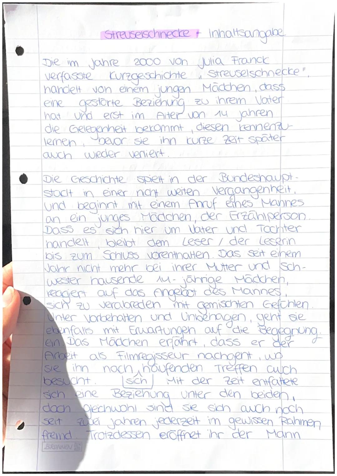 Streuselschnecke
+ Inhaltsangabe
Die im Jahre 2000 von Julia Franck
Kurzgeschichte
jungen
gestörte Beziehung
und erst im
verfasste
handelt v