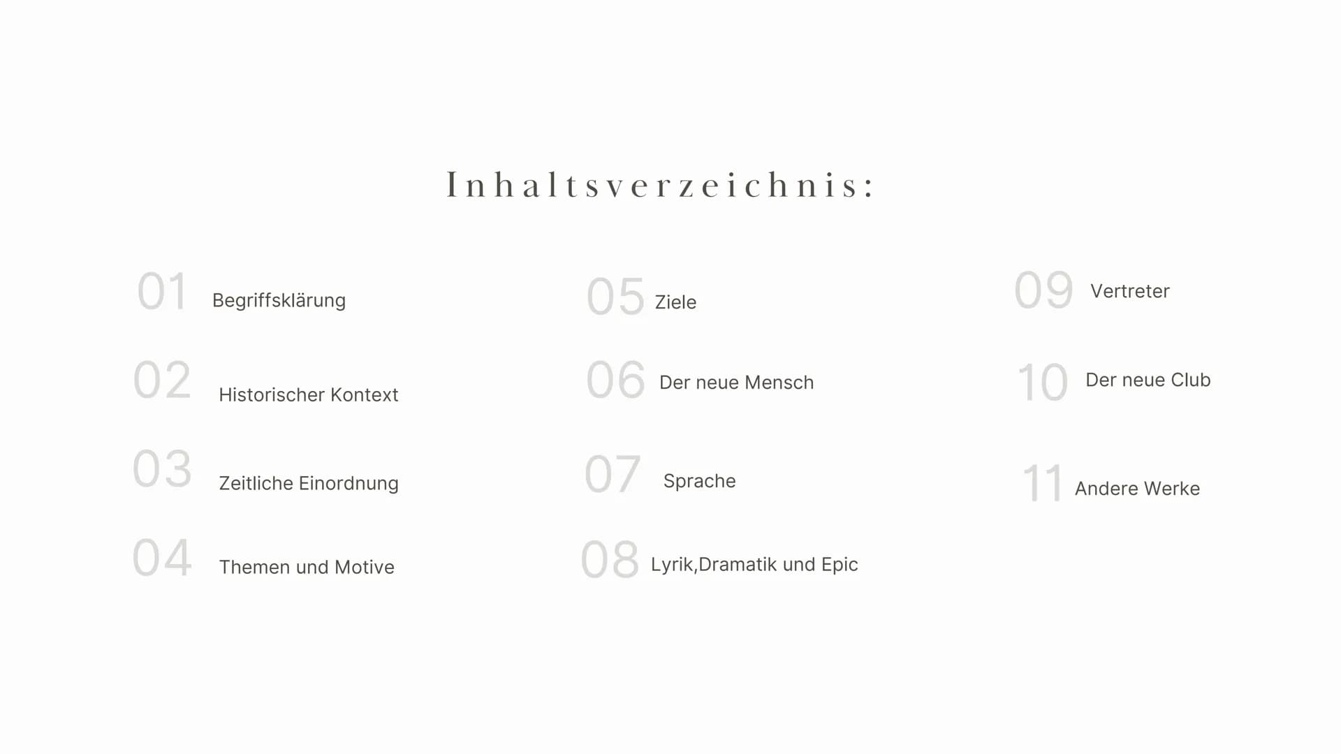 Expressionismus
Chiara, Fiona, Aynur, Ksenia 01 Begriffsklärung
02
03
04
Historischer Kontext
Zeitliche Einordnung
Themen und Motive
Inhalts