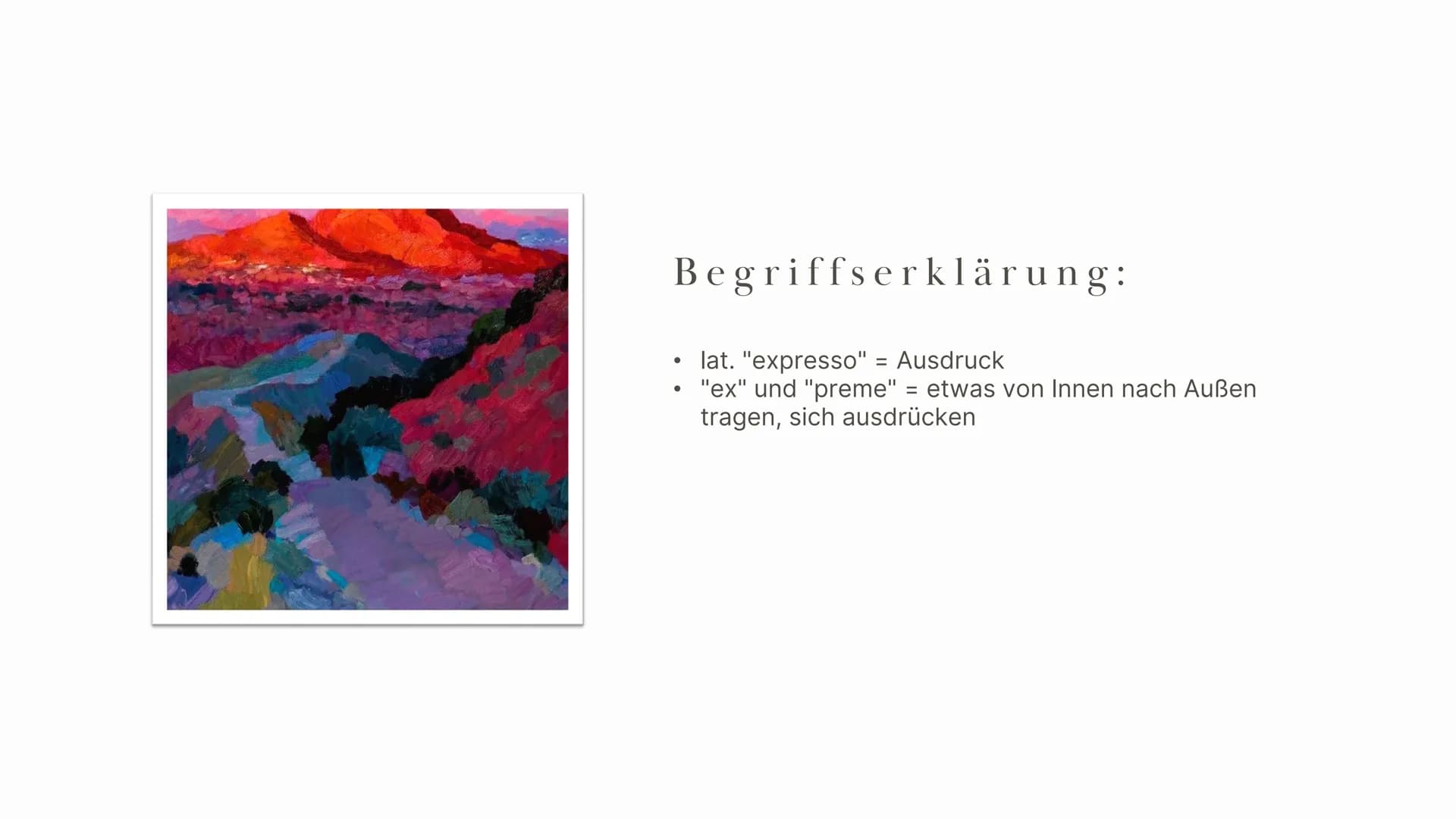 Expressionismus
Chiara, Fiona, Aynur, Ksenia 01 Begriffsklärung
02
03
04
Historischer Kontext
Zeitliche Einordnung
Themen und Motive
Inhalts