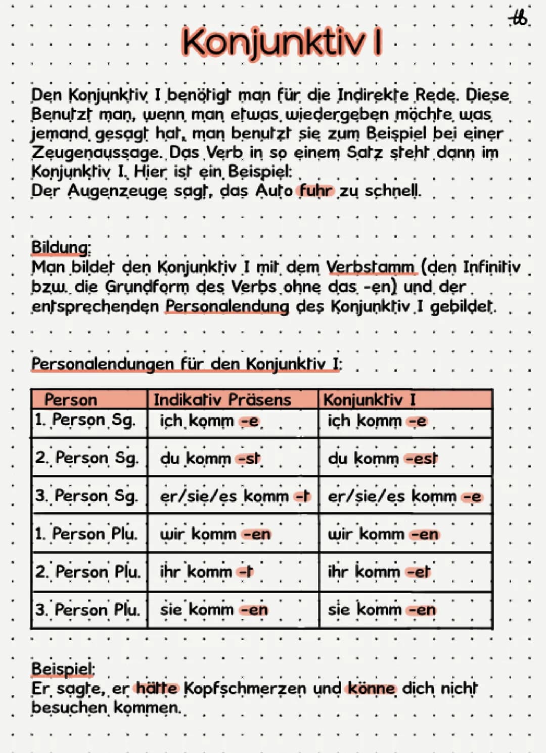 Konjunktiv I
Den Konjunktiv I benötigt man für die Indirekte Rede. Diese
Benutzt man, wenn man etwas wiedergeben möchte, was
jemand gesagt h