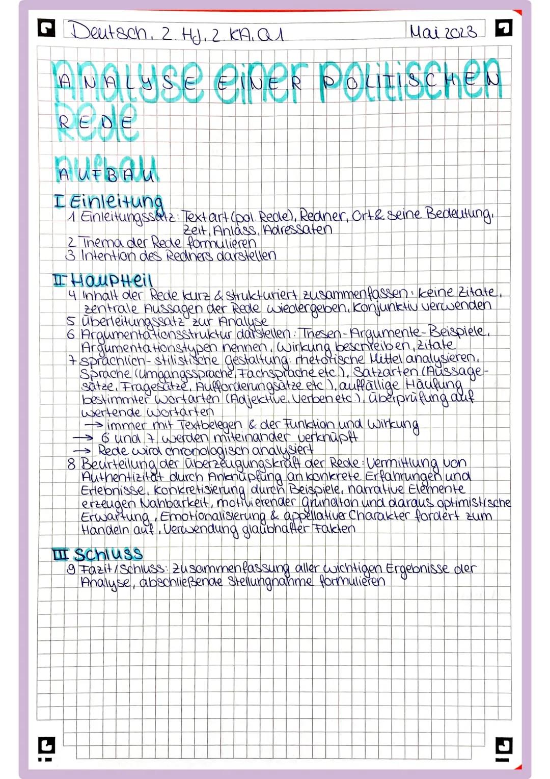 Deutsch. 2. HJ. 2. KA.Q1
Mai 2023

Analyse einer Politischen
REDE

AUFBAU
I Einleitung
1 Einleitungssatz: Text art (pol Rede), Redner, Ort &