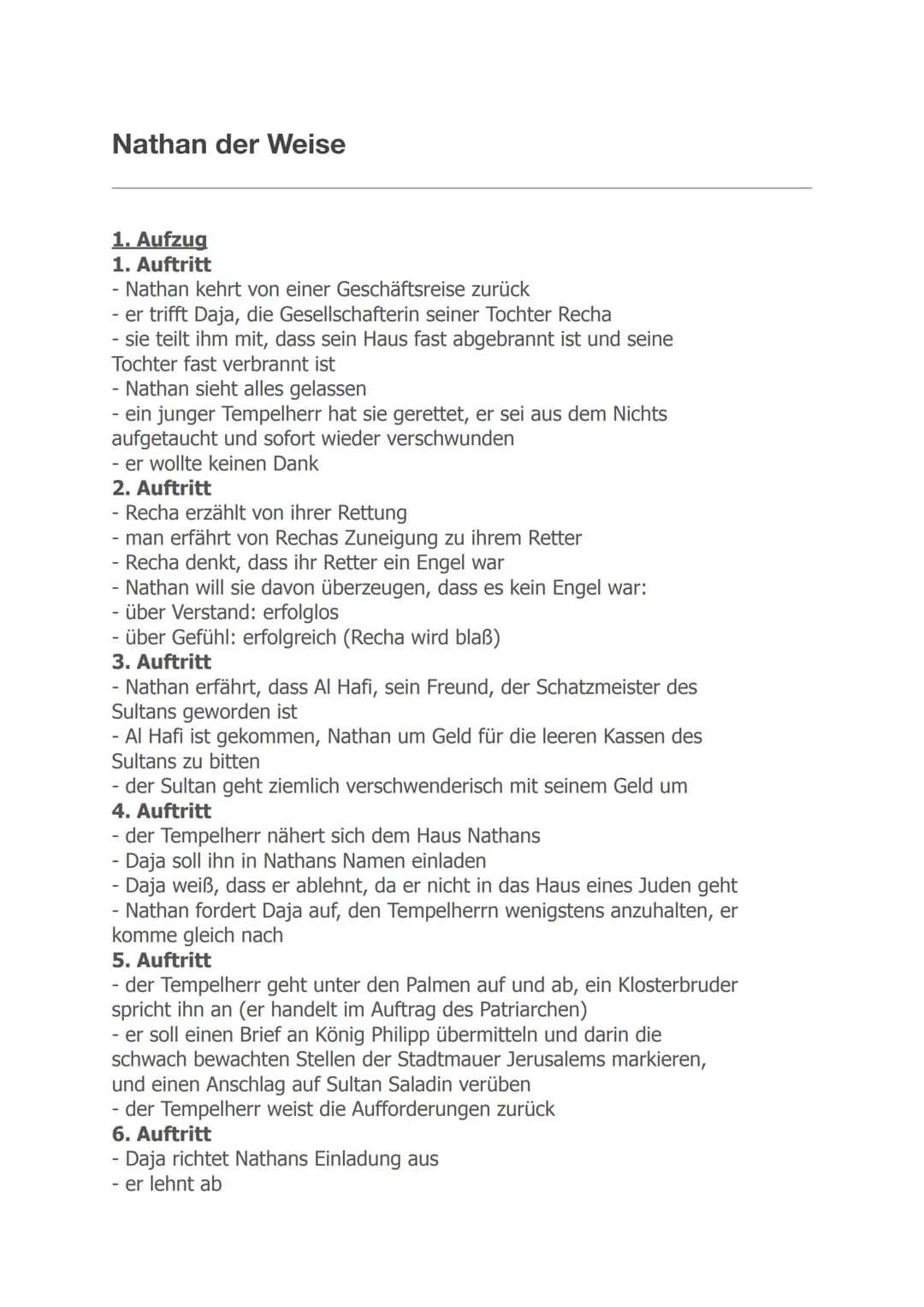 Nathan der Weise
1. Aufzug
1. Auftritt
- Nathan kehrt von einer Geschäftsreise zurück
- er trifft Daja, die Gesellschafterin seiner Tochter 