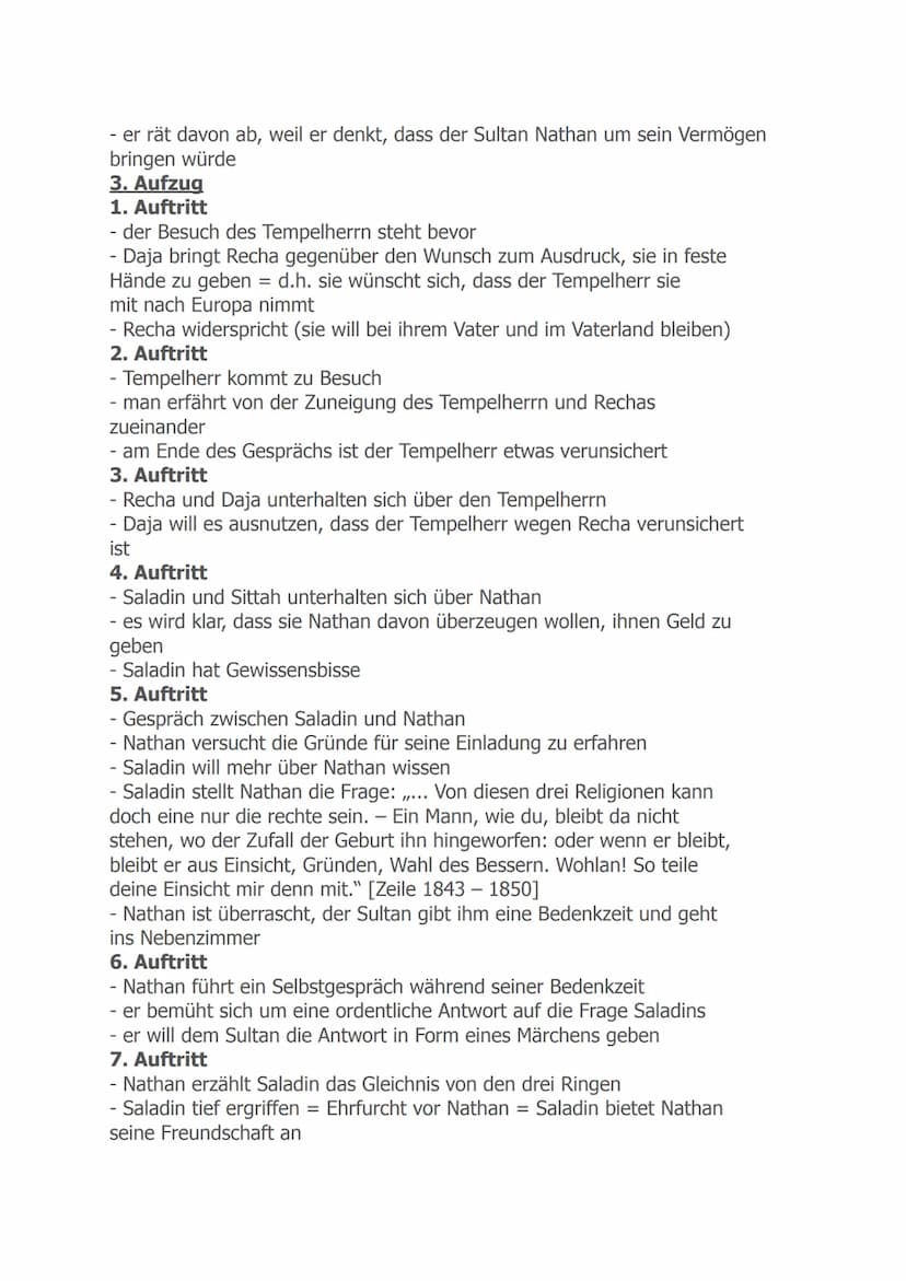 Nathan der Weise
1. Aufzug
1. Auftritt
- Nathan kehrt von einer Geschäftsreise zurück
- er trifft Daja, die Gesellschafterin seiner Tochter 