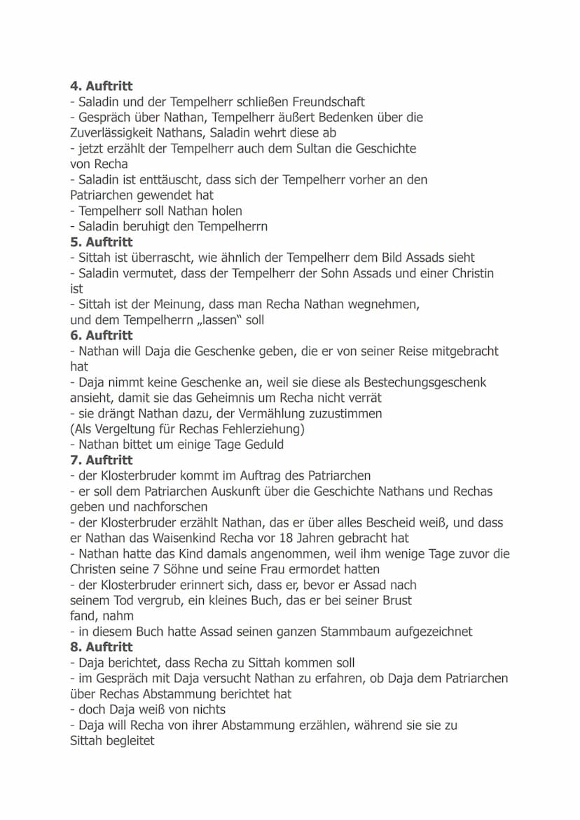 Nathan der Weise
1. Aufzug
1. Auftritt
- Nathan kehrt von einer Geschäftsreise zurück
- er trifft Daja, die Gesellschafterin seiner Tochter 