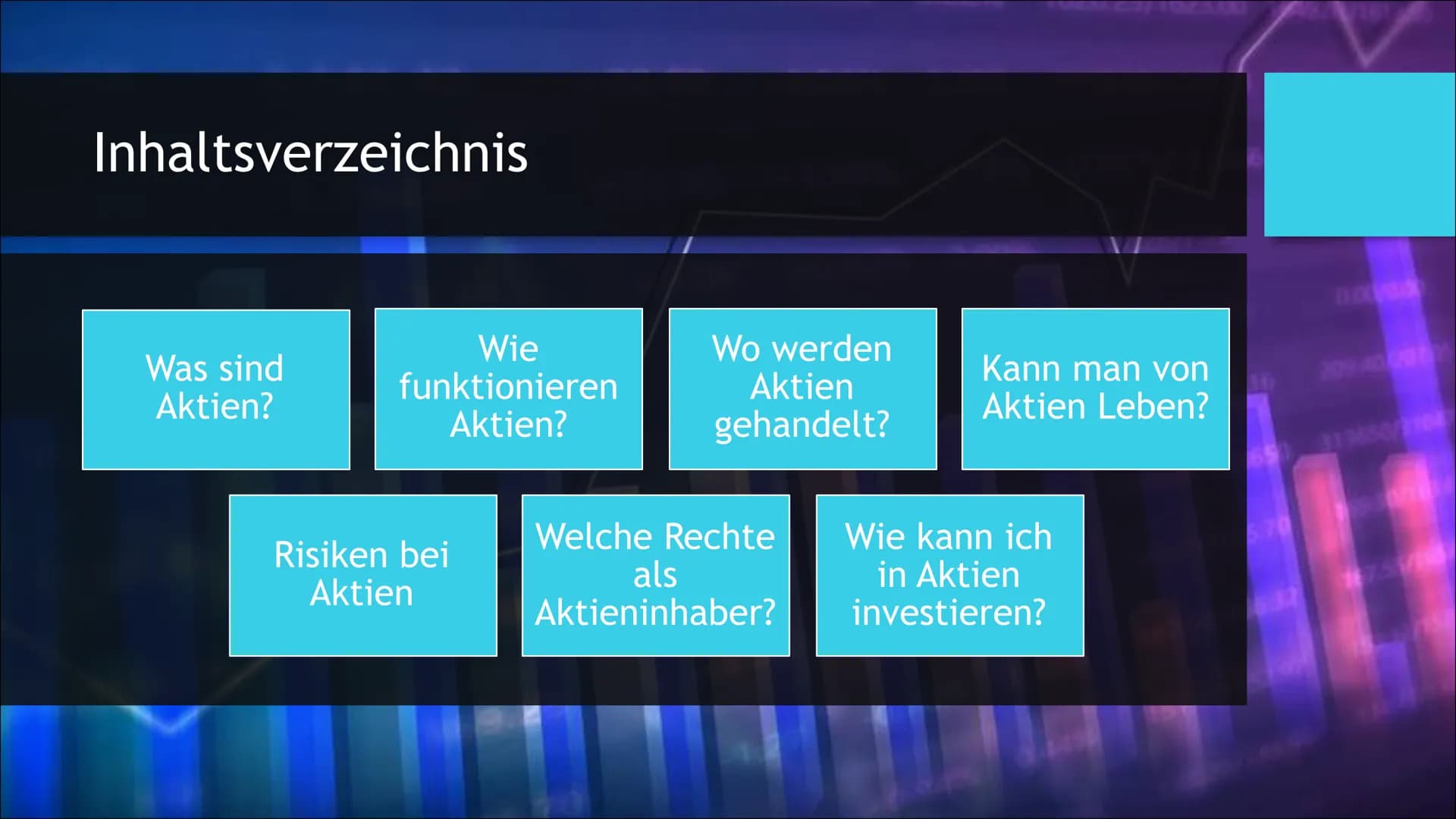 h
Aktien
800
09:00 10:05 11:10 12:15 Inhaltsverzeichnis
Was sind
Aktien?
Wie
funktionieren
Aktien?
Risiken bei
Aktien
Wo werden
Aktien
gehan