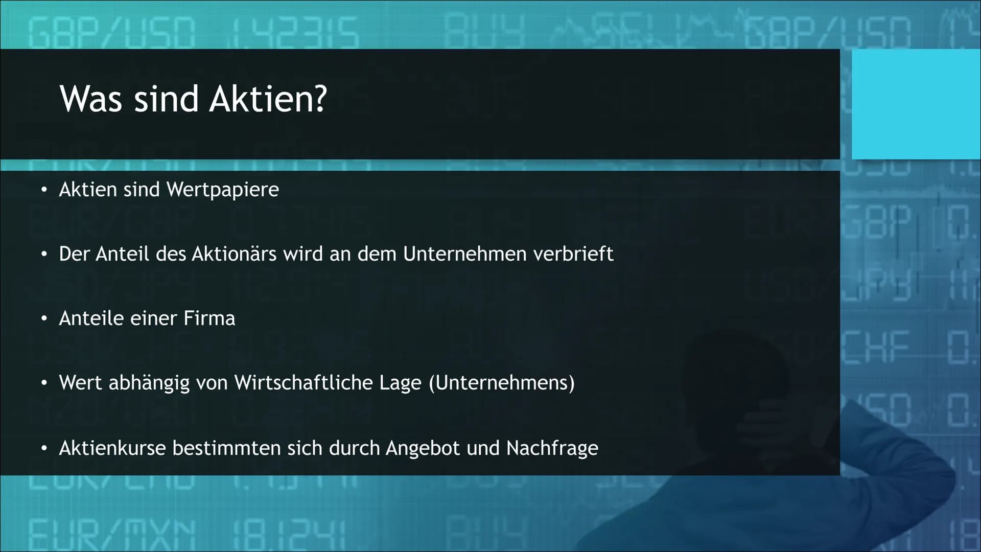 h
Aktien
800
09:00 10:05 11:10 12:15 Inhaltsverzeichnis
Was sind
Aktien?
Wie
funktionieren
Aktien?
Risiken bei
Aktien
Wo werden
Aktien
gehan