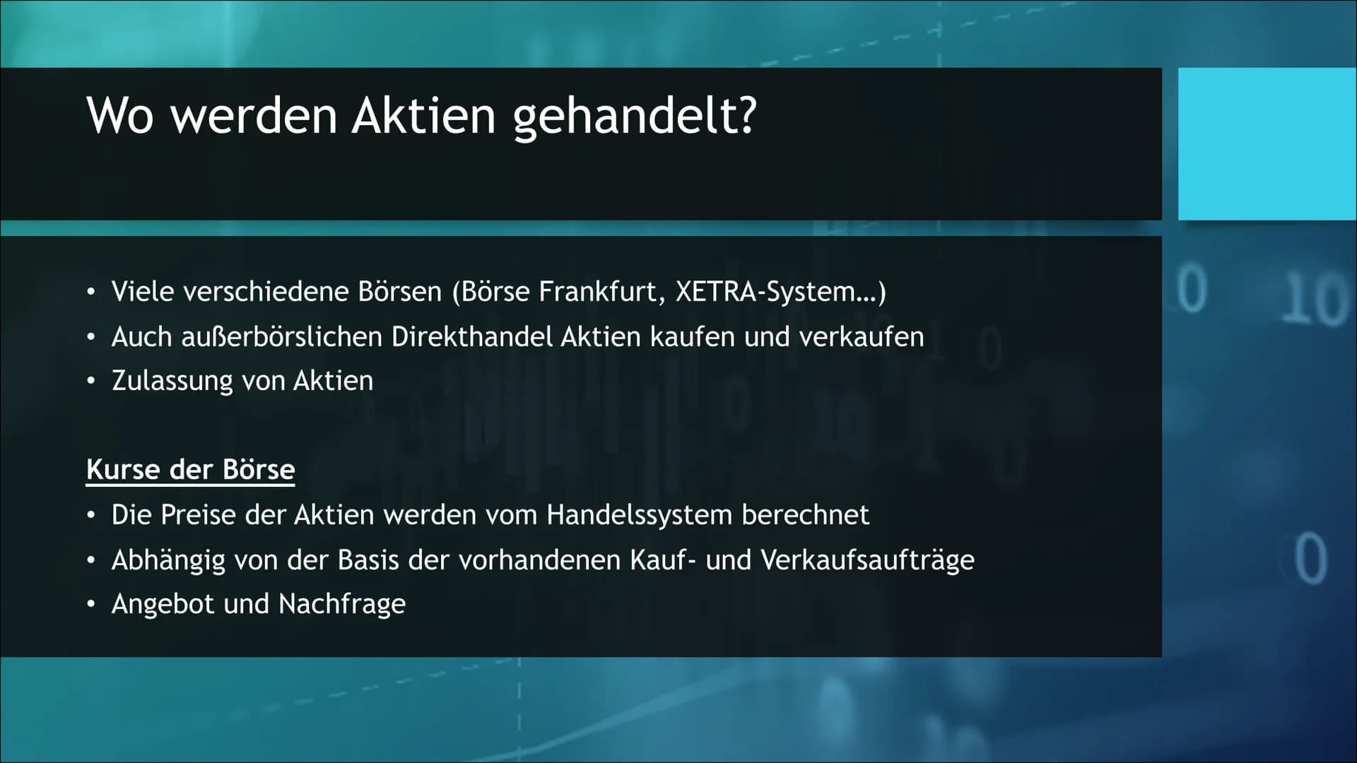 h
Aktien
800
09:00 10:05 11:10 12:15 Inhaltsverzeichnis
Was sind
Aktien?
Wie
funktionieren
Aktien?
Risiken bei
Aktien
Wo werden
Aktien
gehan