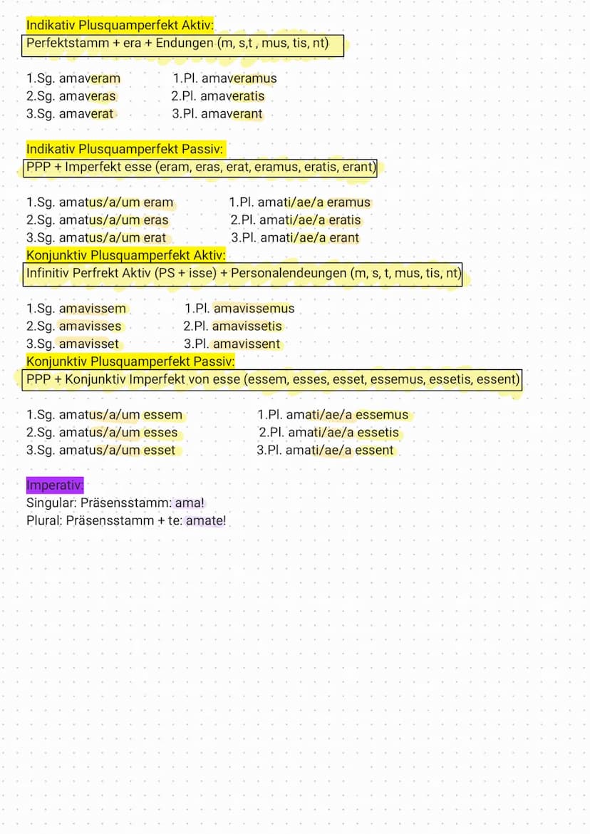 Latein - Tempora Indikativ, Aktiv und Passiv und Konjunktiv
Indikativ Präsens Aktiv:
Präsensstamm + Endungen (o, s, t, mus, tis, nt)
-> vers
