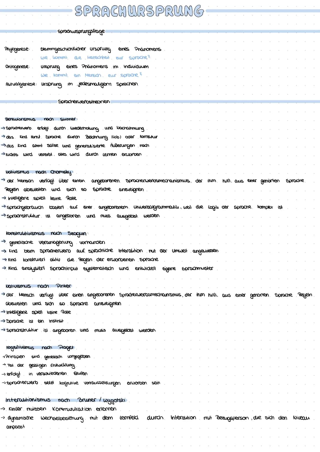 Sprachserwerbsmodelle
Fachbegriffe:
Phylogenetischer Sprachursprung → Menschengeschichte
Ontogenetischer Sprachursprung bei Menschen / Kinde
