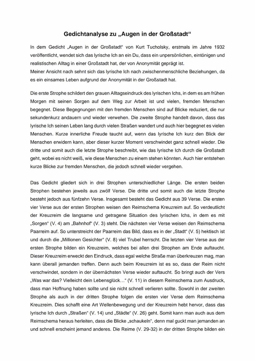 Gedichtanalyse zu ,,Augen in der Großstadt"
In dem Gedicht Augen in der Großstadt" von Kurt Tucholsky, erstmals im Jahre 1932
veröffentlicht